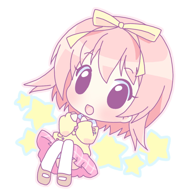 mirai (sugar), akihime sumomo, nanatsuiro drops, 00s, 1girl, :o, blush, chibi, female focus, hair ribbon, long sleeves, looking at viewer, open mouth, pink hair, pink skirt, plaid clothes, plaid skirt, purple eyes, ribbon, short hair, sitting, skirt, solo, tareme, thighhighs, yellow ribbon