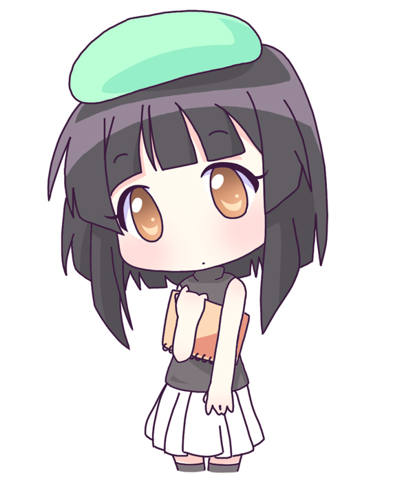 mirai (sugar), tsuyuri (doujin work), doujin work, 00s, 1girl, beret, black hair, chibi, female focus, hat, notepad, orange eyes, skirt, solo, thighhighs