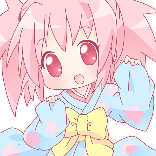 mirai (sugar), edomae lunar, seto no hanayome, 00s, 1girl, bow, chibi, female focus, japanese clothes, kimono, long sleeves, looking at viewer, pink hair, red eyes, simple background, solo, upper body, white background, wide sleeves, yellow bow