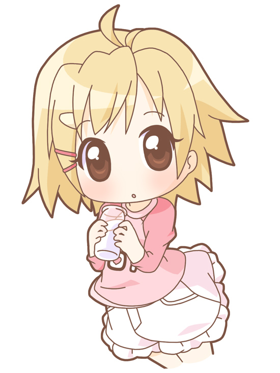 mirai (sugar), mako-chan (minami-ke), makoto (minami-ke), minami-ke, 00s, 1boy, ahoge, blonde hair, blush, bottle, brown eyes, chibi, cropped legs, holding, long sleeves, looking at viewer, male focus, red shirt, shirt, skirt, solo, trap, white skirt