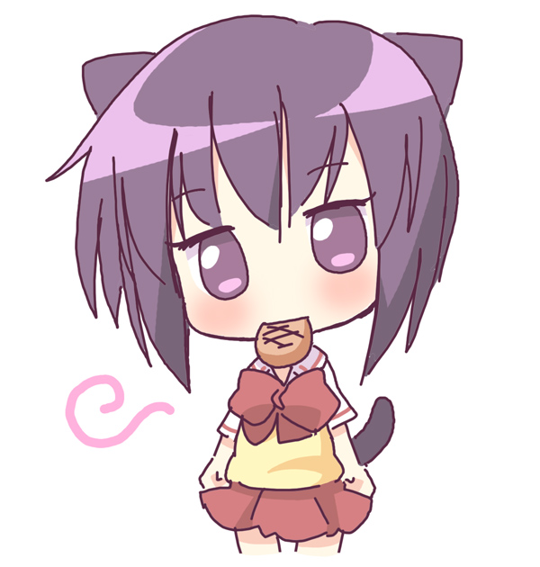 mirai (sugar), kawazoe tamaki, bamboo blade, 00s, 1girl, animal ears, blush, bow, cat ears, cat tail, chibi, female focus, food in mouth, purple eyes, purple hair, school uniform, simple background, skirt, solo, tail, white background