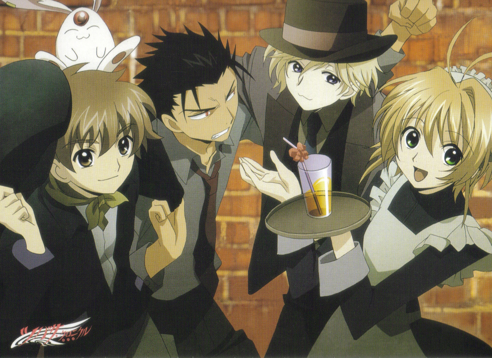 fai d. flowright, kurogane, kurogane (tsubasa chronicle), mokona, sakura hime, xiaolang, tsubasa chronicle, highres, scan, 00s, 1girl, 3boys, :3, drink, hat, hat tip, maid, multiple boys, necktie, tray