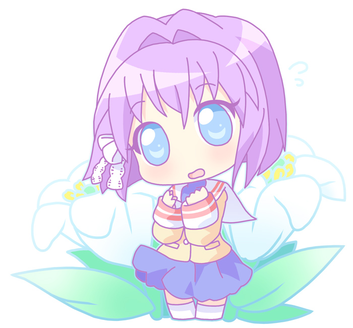 mirai (sugar), fujibayashi ryou, clannad, 00s, 1girl, :d, blue eyes, chibi, cropped legs, female focus, head tilt, long sleeves, looking at viewer, open mouth, purple hair, sailor collar, school uniform, serafuku, short hair, sleeve cuffs, smile, solo, thighhighs, white thighhighs, zettai ryouiki