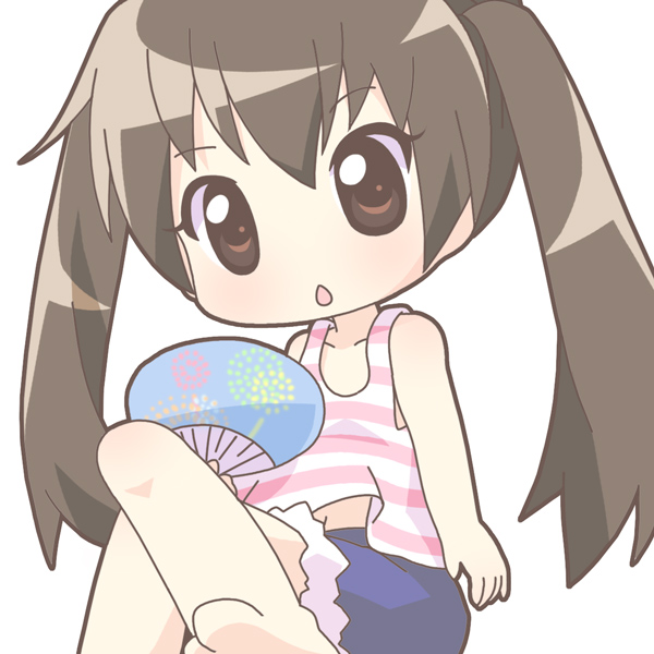 mirai (sugar), minami kana, minami-ke, 00s, 1girl, :o, barefoot, brown eyes, brown hair, camisole, chibi, collarbone, denim, denim shorts, female focus, hand fan, looking at viewer, open mouth, paper fan, shorts, sitting, solo, twintails, uchiwa