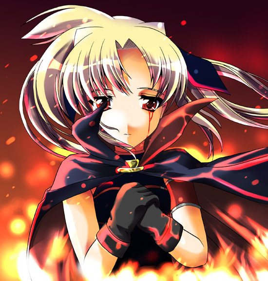 ootori mahiro, ootori mahiru, fate testarossa, fate testarossa (original form), lyrical nanoha, mahou shoujo lyrical nanoha, mahou shoujo lyrical nanoha a's, 00s, 1girl, arm belt, blonde hair, blood, cape, female focus, fire, gloves, magical girl, solo