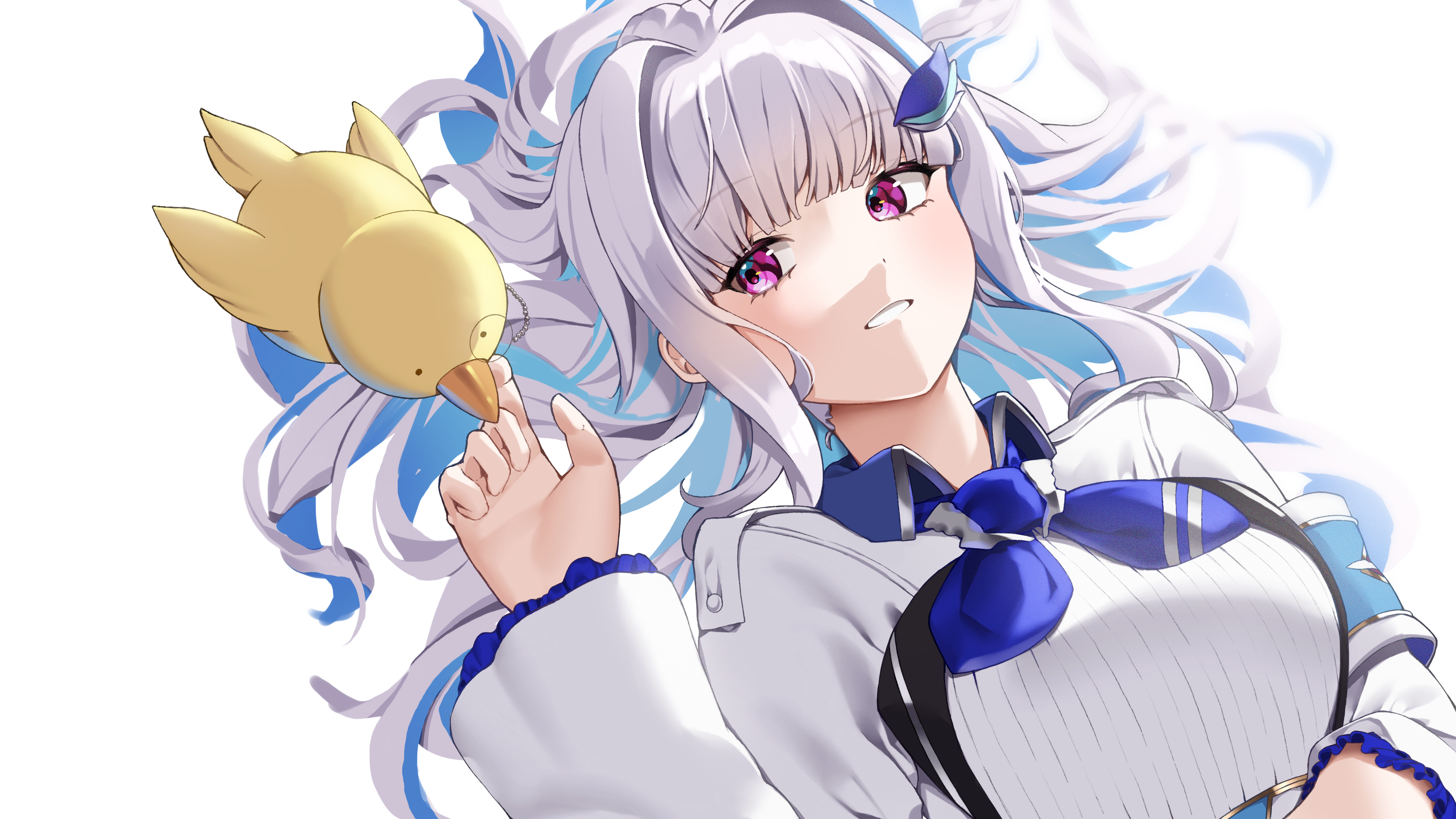 honeyhoppin, lize helesta, lize helesta (1st costume), sebastian piyodore, nijisanji, absurdres, highres, 1girl, armband, baby animal, bird, blue armband, blue hair, blue neckerchief, breasts, chick, collared shirt, grin, hair ornament, hair spread out, hand up, jacket, long hair, long sleeves, looking at animal, lying, medium breasts, multicolored hair, neckerchief, on back, purple eyes, shirt, simple background, smile, solo, two-tone hair, virtual youtuber, white background, white hair, white jacket, white shirt