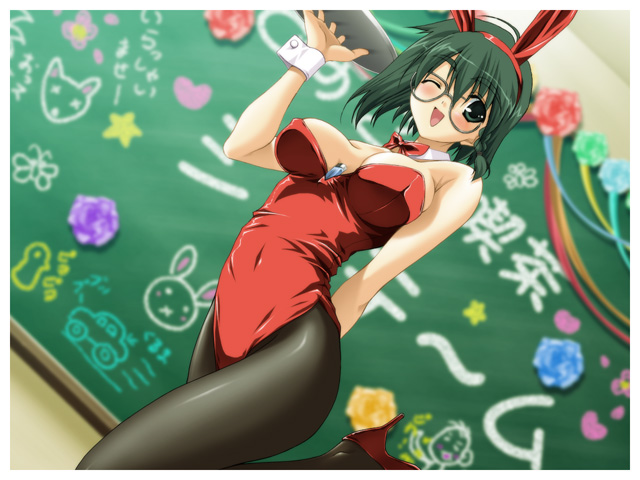 fumio (ura fmo), konishi tamako, sorauta, duplicate, game cg, 1girl, animal ears, blush, breasts, chalkboard, covered erect nipples, fake animal ears, female focus, glasses, green eyes, green hair, high heels, large breasts, leg lift, leotard, matching hair/eyes, one eye closed, pantyhose, playboy bunny, rabbit ears, shoes, short hair, solo, wink, wrist cuffs
