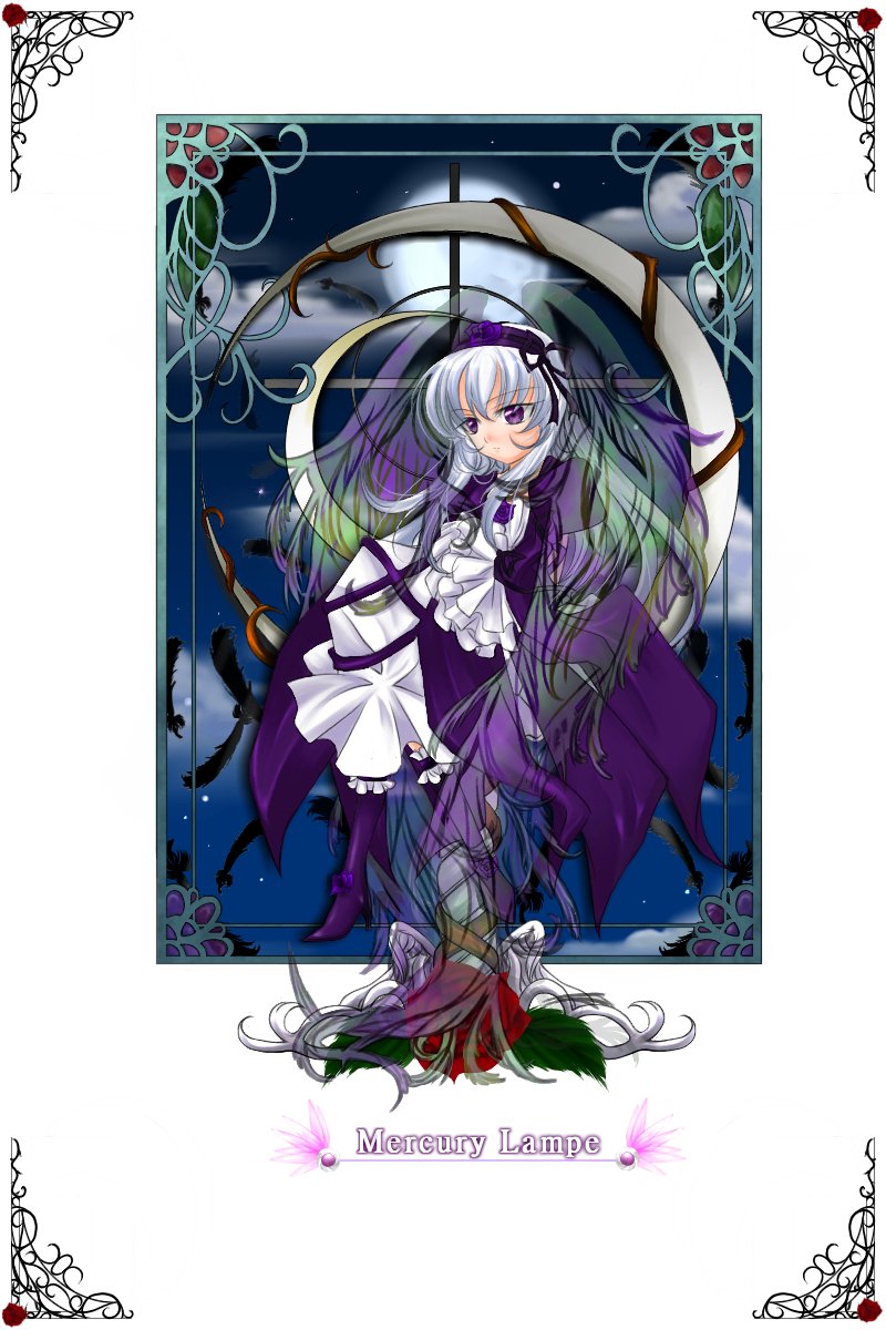 suigintou, rozen maiden, silver hair, highres, 00s, doll, flower, goth fashion, lace, moon, night, purple eyes, rose, solo, wings