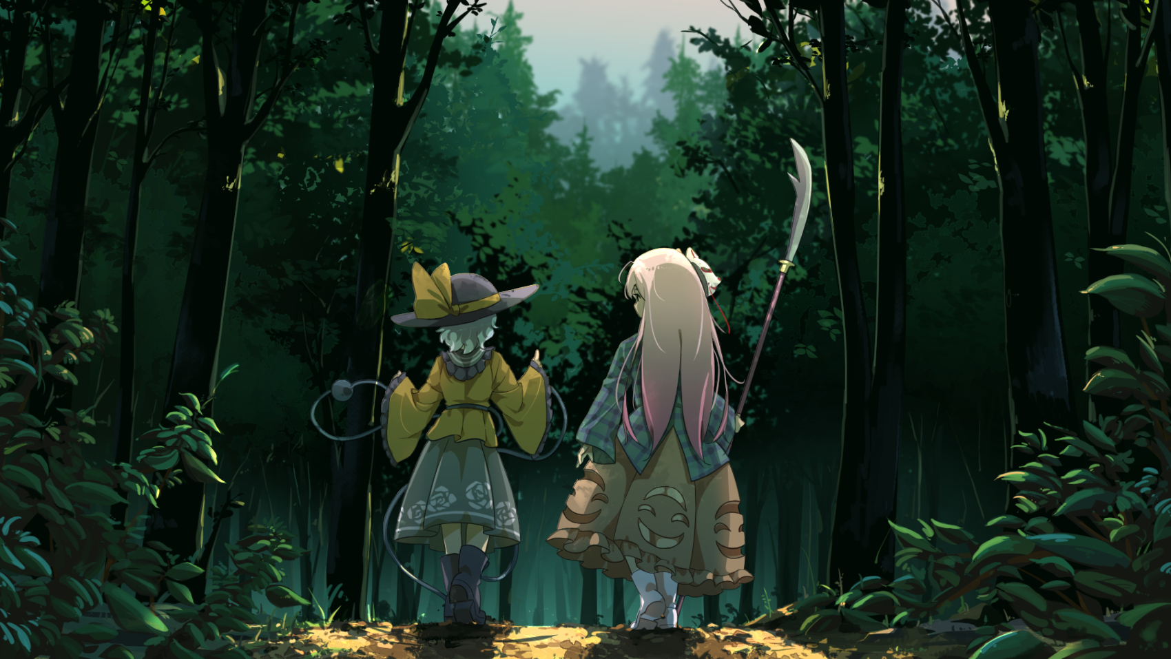 tami (joemanyodw), hata no kokoro, komeiji koishi, touhou, commentary request, highres, 2girls, black boots, black hat, blue shirt, boots, bow, day, facing away, floral print, forest, fox mask, frilled sleeves, frills, from behind, green hair, green skirt, hat, hat bow, hat ribbon, holding, holding polearm, holding weapon, long hair, long sleeves, mask, mask on head, multiple girls, naginata, nature, orange skirt, outdoors, pink hair, plaid clothes, plaid shirt, polearm, ribbon, rose print, shirt, short hair, skirt, standing, third eye, tree, walking, weapon, white boots, wide sleeves, yellow bow, yellow ribbon, yellow shirt