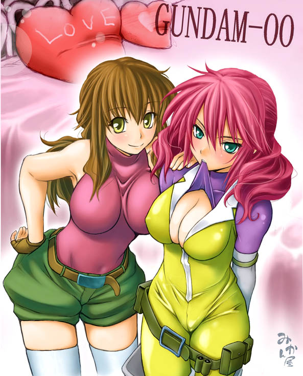 christina sierra, feldt grace, gundam, gundam 00, 00s, 2girls, bed, belt, belt skirt, bodysuit, breasts, cleavage, heart, large breasts, multiple girls, skin tight, thighhighs