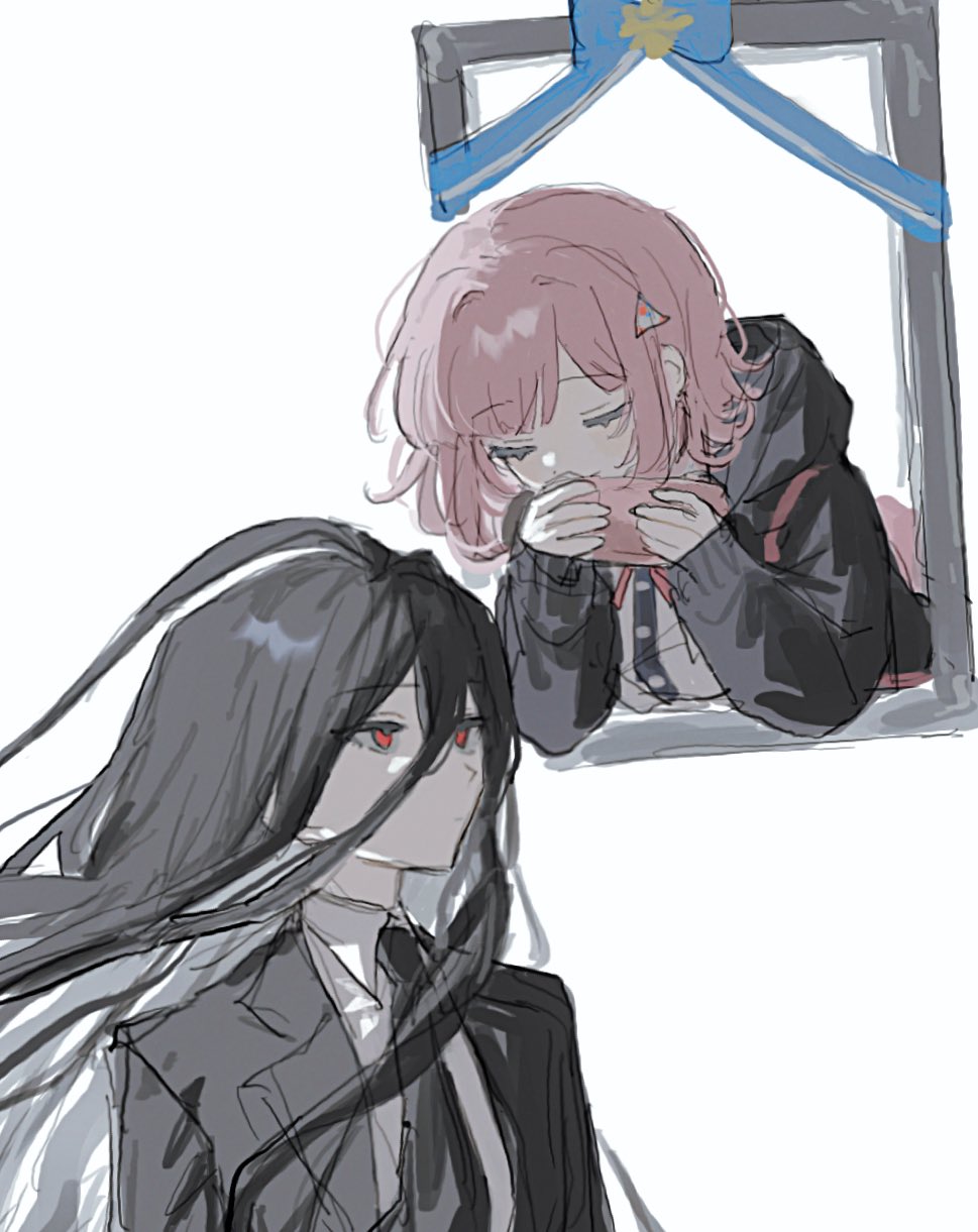 inagoinaire, kamukura izuru, nanami chiaki, danganronpa (series), danganronpa 2: goodbye despair, highres, 1boy, 1girl, black hair, black jacket, black necktie, brown hair, collared shirt, hair ornament, handheld game console, holding, holding handheld game console, hood, hood down, hooded jacket, iei, jacket, long hair, long sleeves, necktie, red eyes, shirt, short hair, simple background, white background