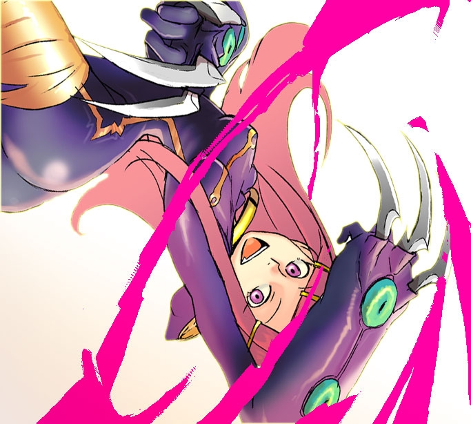 saitou yahu, anemone (eureka seven), eureka seven, eureka seven (series), 00s, 1girl, black bodysuit, bodysuit, claws, female focus, long hair, pink hair, purple hair, shiny clothes, skin tight, solo, spandex