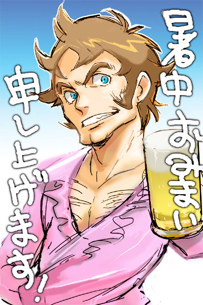 saitou yahu, charles beams, eureka seven, eureka seven (series), 00s, 1boy, alcohol, beer, beer mug, blue eyes, brown hair, cup, drink, male focus, mug, open clothes, open shirt, shirt, shochuumimai, sketch, solo