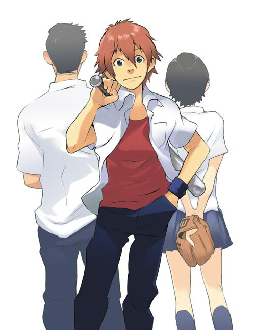 saitou yahu, konno makoto, mamiya chiaki, tsuda kousuke, toki wo kakeru shoujo, 00s, 1girl, 2boys, baseball, baseball bat, baseball glove, black hair, mittens, multiple boys, red hair, school uniform, serafuku, short hair