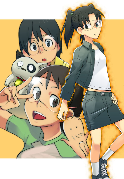 saitou yahu, amasawa yuuko, densuke (dennou coil), hashimoto fumie, okonogi yuuko, oyaji (dennou coil), dennou coil, visor, 00s, 3girls, brown hair, glasses, jacket, long hair, miniskirt, multiple girls, pencil skirt, raglan sleeves, short hair, skirt, twintails