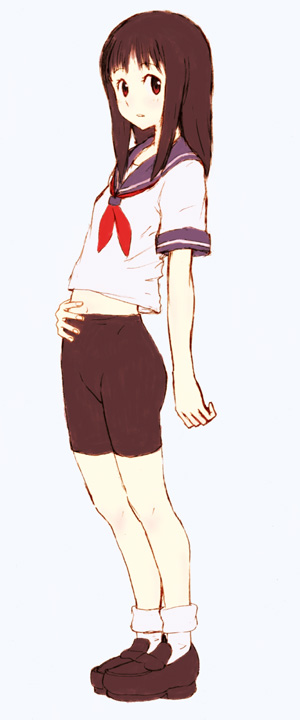 pomo rosso, konno miyuki, toki wo kakeru shoujo, 00s, bike shorts, black hair, brown eyes, long hair, school uniform, serafuku, solo