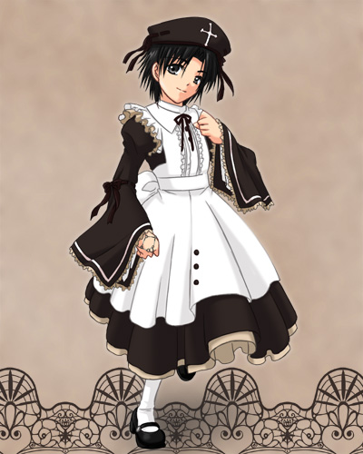 taniguchi mai, lowres, 1girl, black hair, dress, female focus, goth fashion, short hair, solo