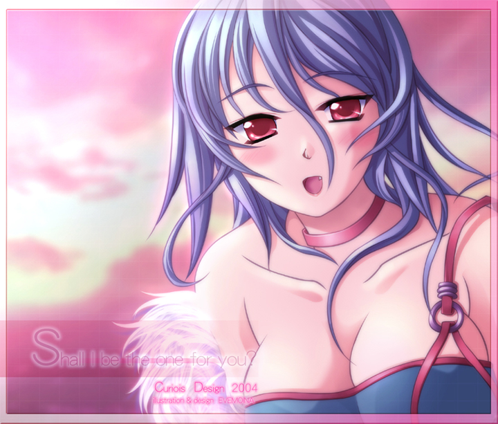 evemoina, original, 1girl, blue hair, choker, fang, female focus, red eyes, solo