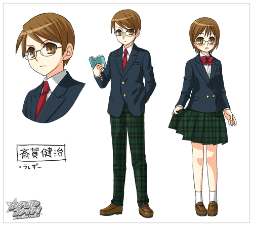 fujisawa kamiya, metamor fight, lowres, 1boy, 1girl, brown eyes, brown hair, dual persona, genderswap, genderswap (ftm), glasses, production art, reference sheet, school uniform, serafuku, short hair