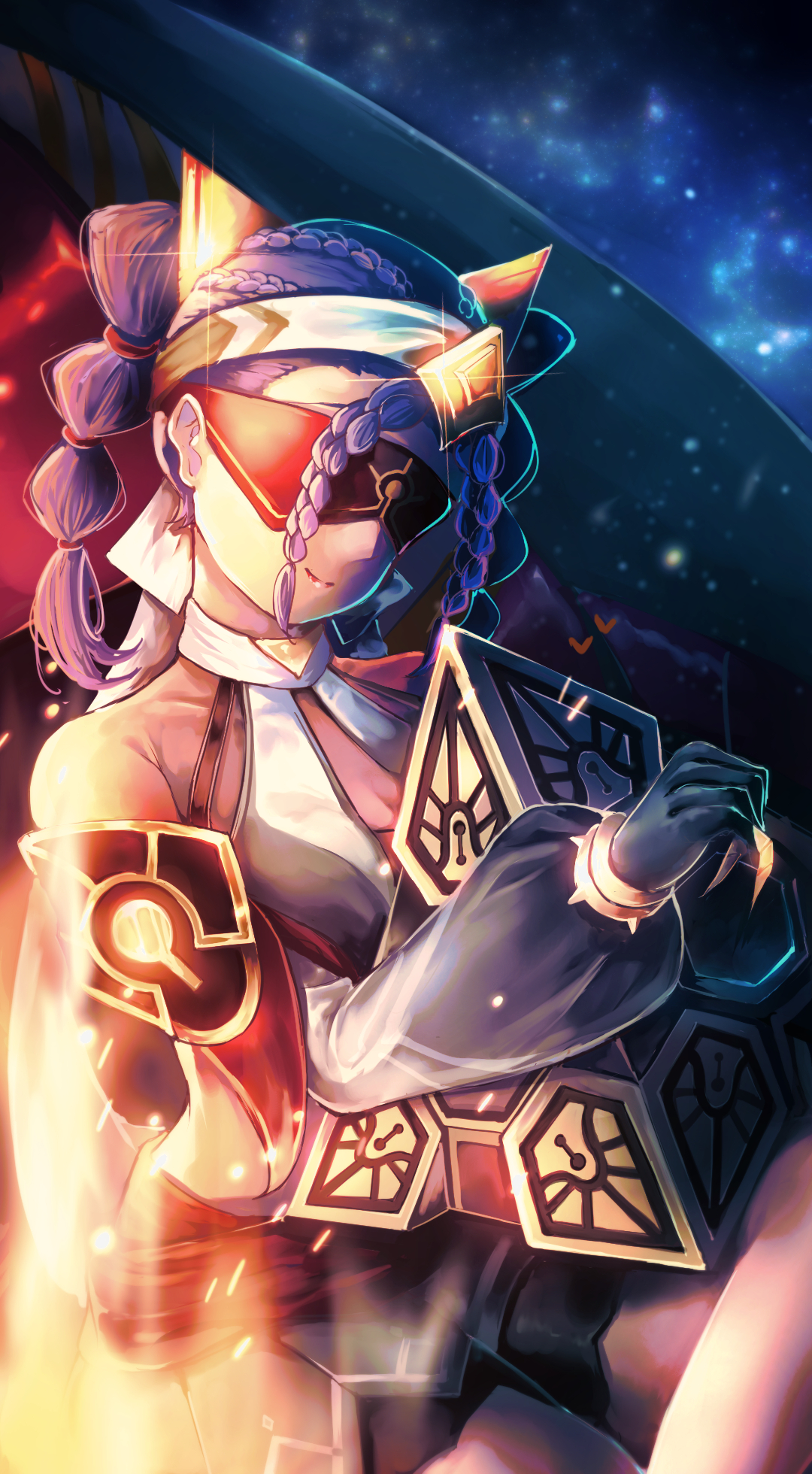 chehg, benben (genshin impact), jeht (genshin impact), genshin impact, commentary, highres, 1girl, bare shoulders, blindfold, claw ring, closed mouth, covered eyes, detached sleeves, facing viewer, fire, glint, headband, heart, medium hair, night, night sky, outdoors, puffy sleeves, purple hair, quad braids, sitting, sky, smile, solo, star (sky), starry sky, white headband