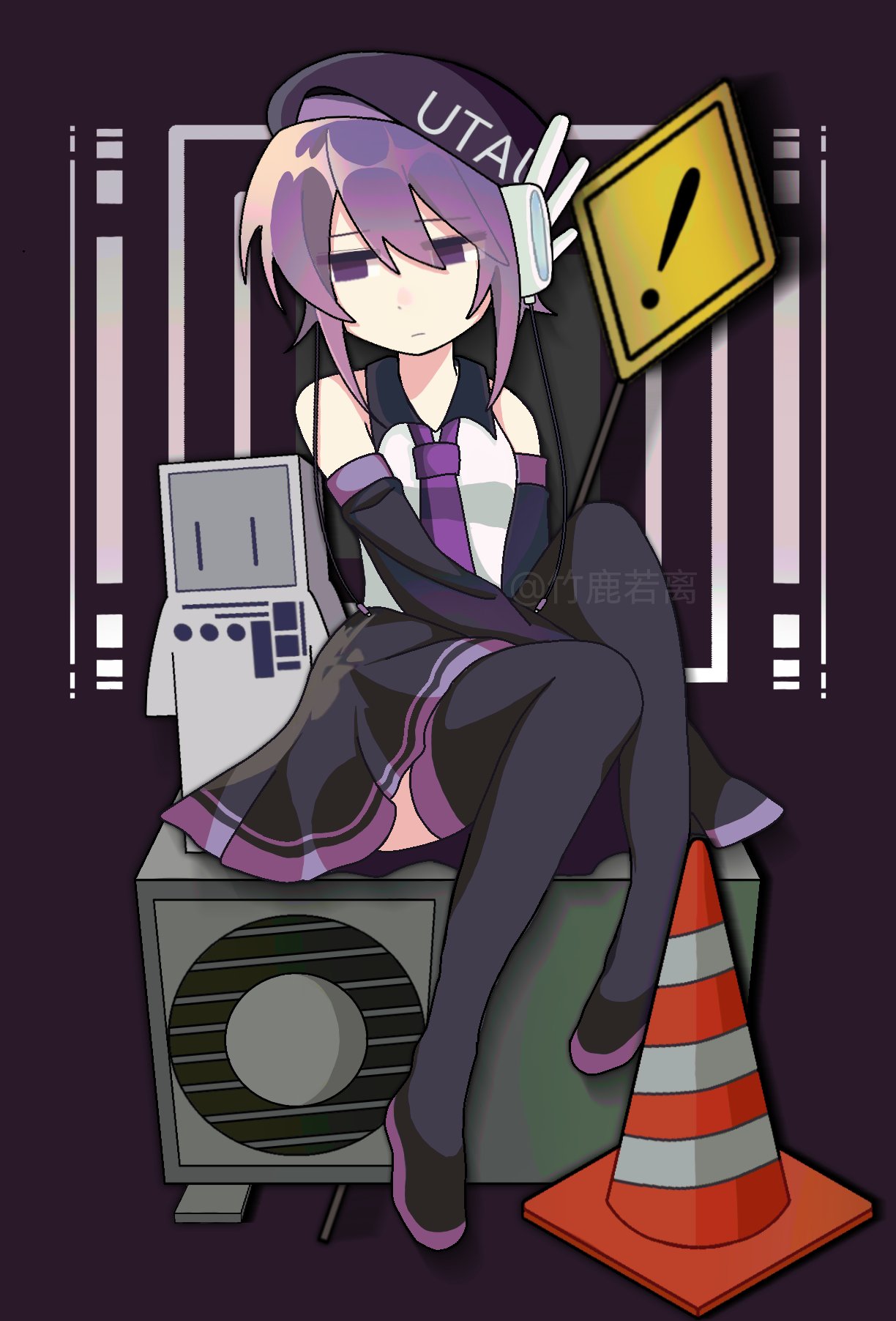 koronba 4-gou, utane uta, koronba, utau, chinese commentary, highres, 1girl, 1other, artist name, bare shoulders, beret, black background, black boots, black hat, black skirt, black sleeves, boots, closed mouth, collared shirt, condenser unit, detached sleeves, double-parted bangs, expressionless, hair between eyes, hat, headphones, looking to the side, miniskirt, necktie, nnr7zmn0qa49273, no pupils, other with female, purple eyes, purple hair, purple necktie, purple trim, road sign, robot, shirt, short hair, sign, sitting, skirt, sleeveless, sleeveless shirt, thigh boots, traffic cone, warning sign, white shirt, yatsume ana, | |