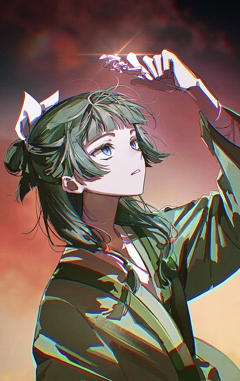 2 blankk, maomao (kusuriya no hitorigoto), kusuriya no hitorigoto, highres, 1girl, arm up, beads, blue eyes, blunt bangs, blurry, blurry background, bow, chinese clothes, chromatic aberration, facing away, green hair, green hanfu, hair beads, hair bow, hair bun, hair ornament, hair over shoulder, hairpin, hanfu, holding, holding hair ornament, looking at object, medium hair, parted lips, sidelocks, solo, standing, upper body, white bow, wide sleeves
