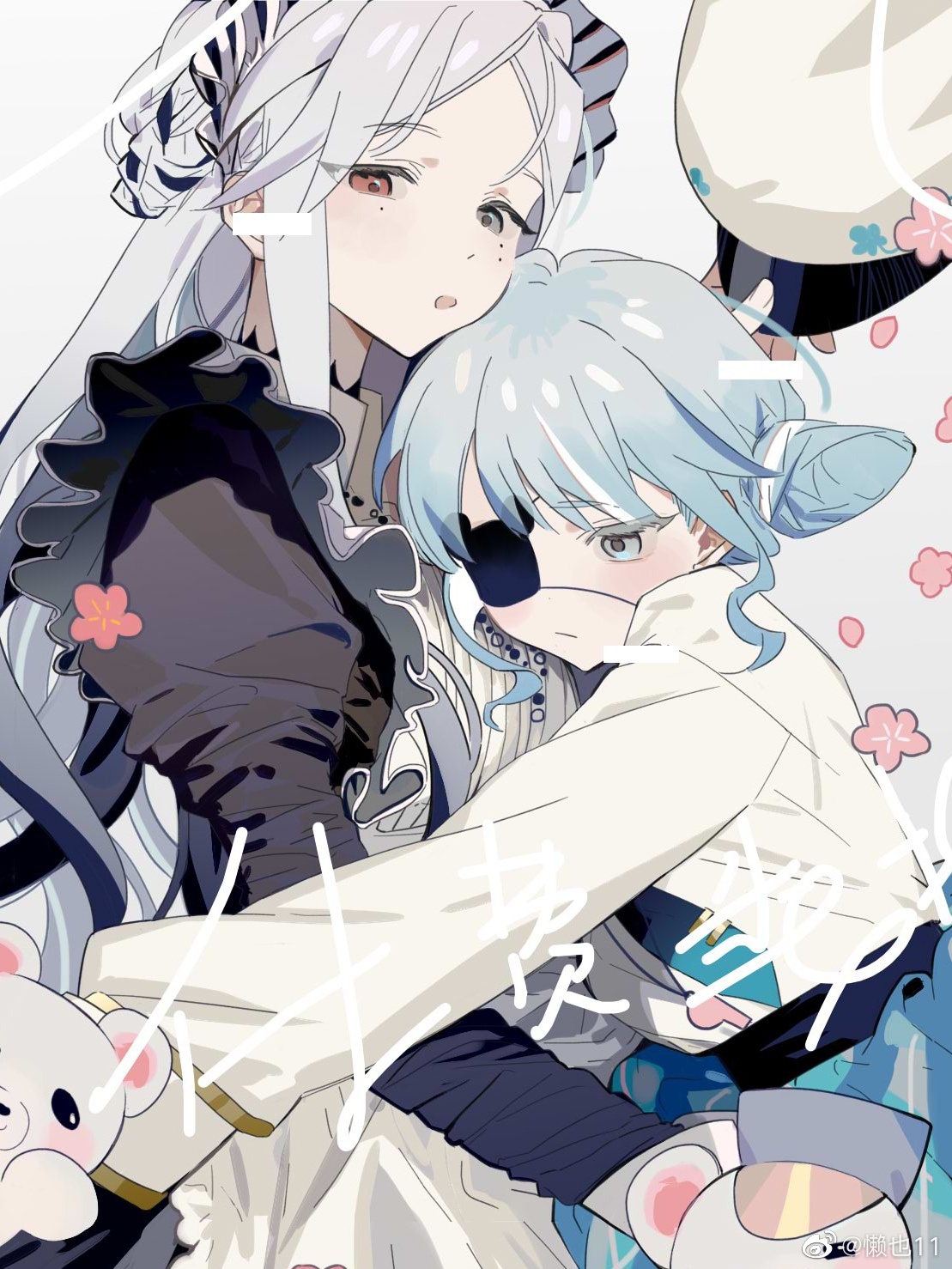 original, highres, 2girls, apron, black dress, blue hair, braid, closed mouth, curly sidelocks, dress, eyepatch, flower, grey hair, hair bun, hat, hat flower, heterochromia, hug, juliet sleeves, lanye11, long hair, long sidelocks, long sleeves, maid, maid apron, maid headdress, mole, mole under eye, multiple girls, open mouth, pink flower, puffy sleeves, red eyes, sidelocks, stuffed toy, unworn headwear