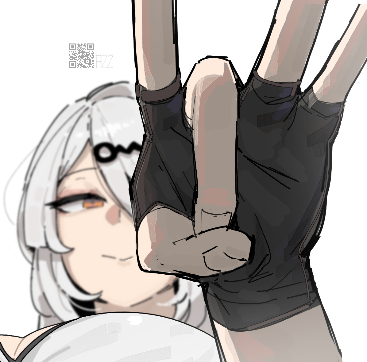 azz0422, yixuan (zenless zone zero), zenless zone zero, 1girl, black gloves, blurry, breasts, depth of field, fingerless gloves, flick, from below, gloves, hand focus, looking at viewer, solo focus, yellow eyes
