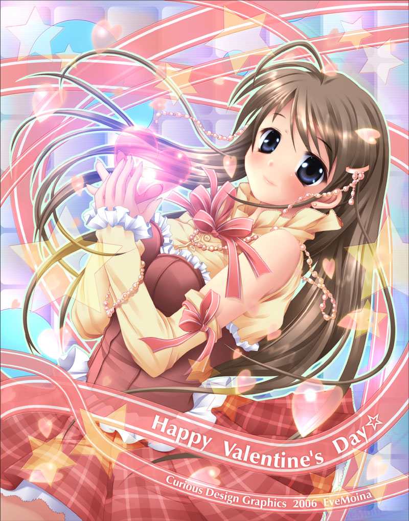 evemoina, 1girl, blue eyes, brown hair, detached sleeves, female focus, happy valentine, plaid clothes, plaid skirt, ribbon, skirt, solo, valentine