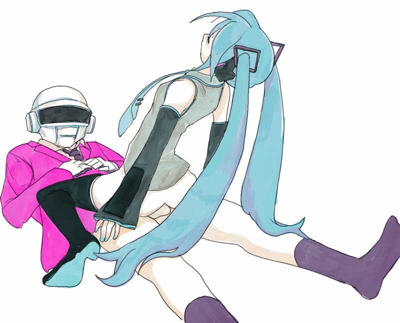 ryuko azuma, hatsune miku, thomas bangalter, daft punk, vocaloid, commentary, 1boy, 1girl, aqua hair, bottomless, breasts, clothed sex, cowgirl position, girl on top, hetero, long hair, necktie, no pants, robot, sex, simple background, sketch, small breasts, socks, straddling, thighhighs, twintails, uncensored, vaginal, very long hair, white background