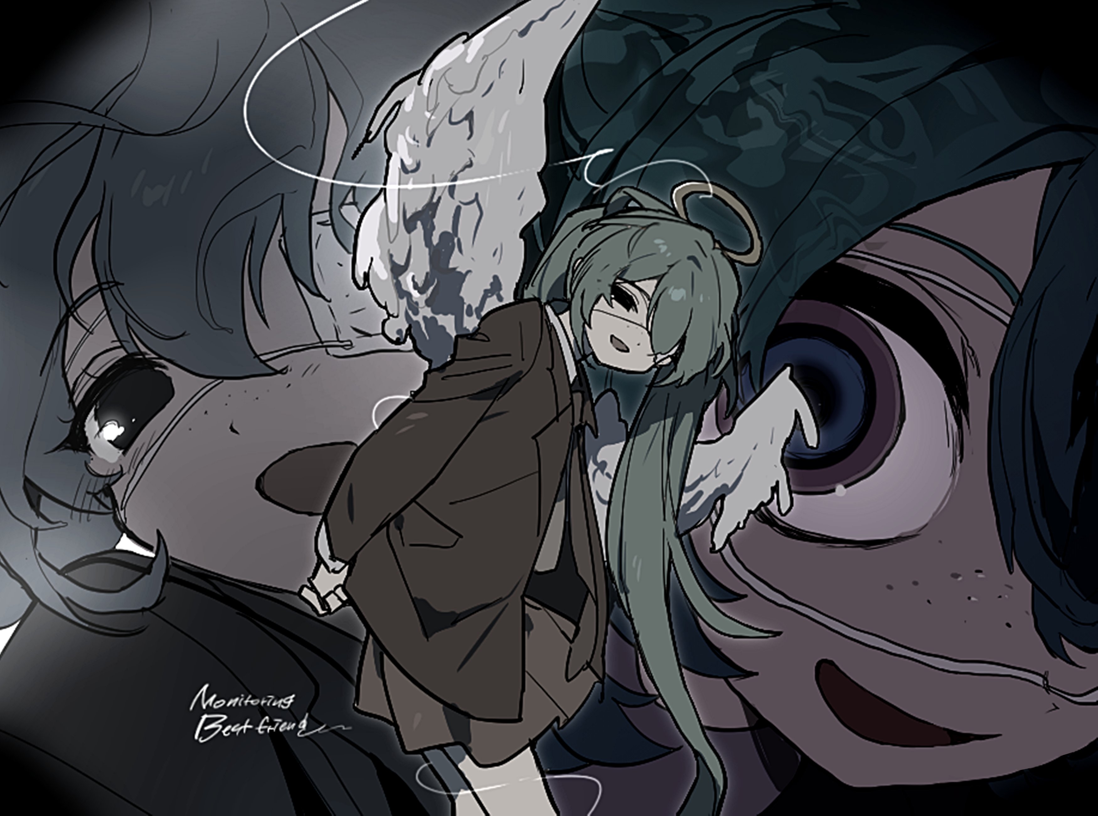 jihecchi, hatsune miku, monitoring (vocaloid), vocaloid, absurdres, highres, 1girl, angel wings, black eyes, black jacket, black necktie, blue eyes, blue hair, blush, collared shirt, eyepatch, eyepatch pull, jacket, long hair, looking at viewer, medical eyepatch, multicolored eyes, necktie, pale color, pov peephole, purple eyes, shirt, solo, sweat, teeth, two-tone eyes, white shirt, wings