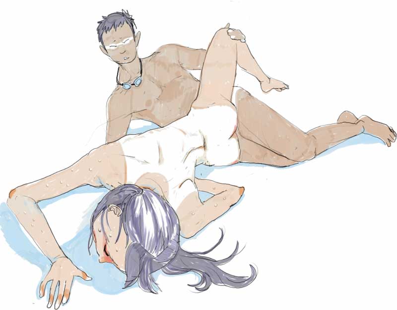 ryuko azuma, commentary, traditional media, 1boy, 1girl, accessory tan, back, barefoot, closed eyes, couple, foreshortening, hetero, nude, one-piece tan, sex, shorts tan, simple background, sketch, spooning, tan, tanline, tanlines, twintails, white background