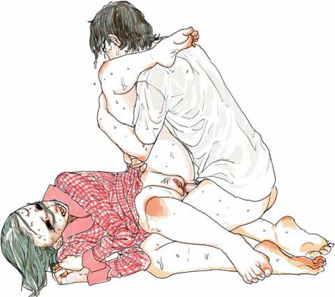 ryuko azuma, commentary, lowres, traditional media, 1boy, 1girl, anal, barefoot, bottomless, couple, feet, female pubic hair, hetero, pajamas, penis, plaid clothes, plaid shirt, pubic hair, pussy, sex, shirt, sketch, spooning, uncensored