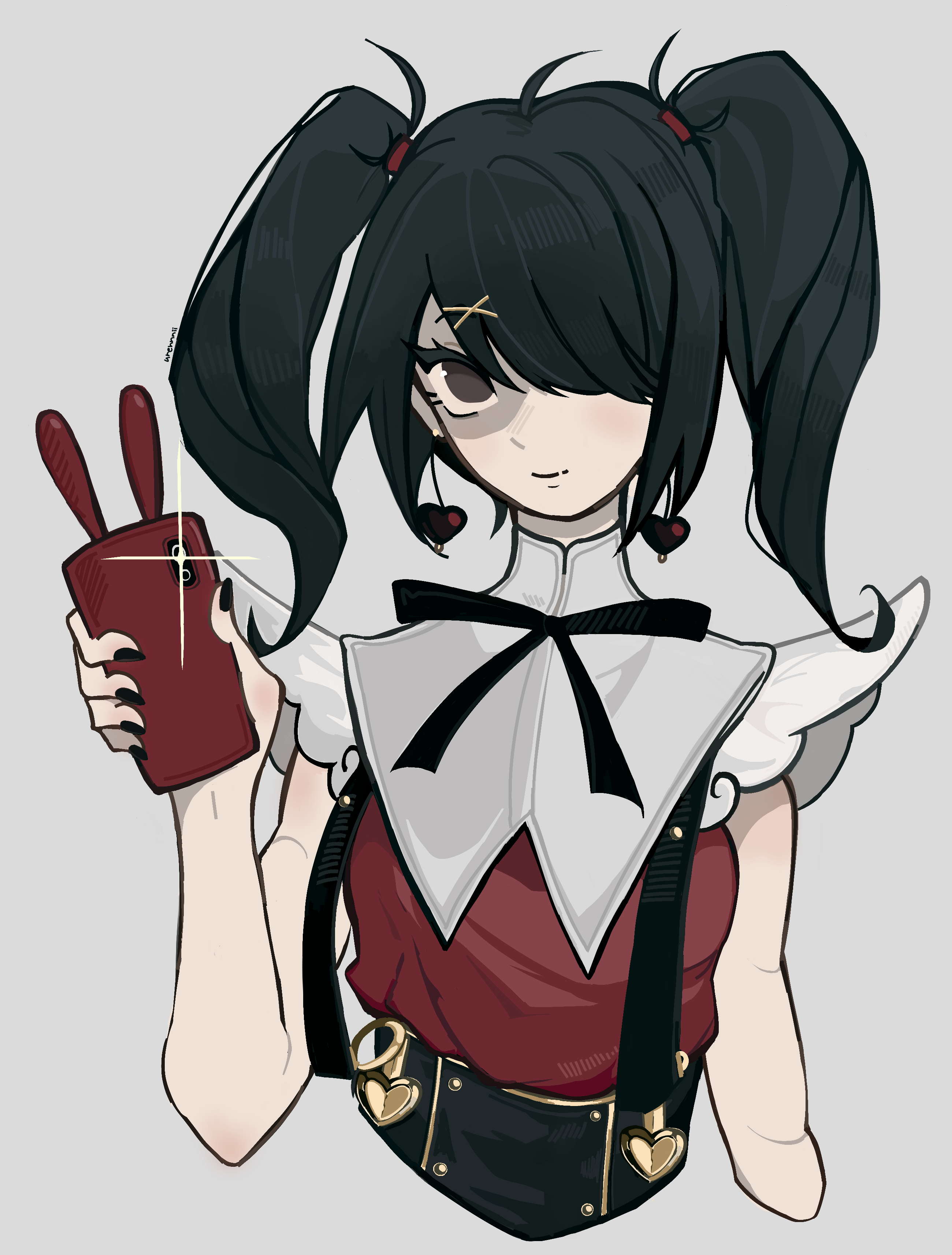 ame-chan (emo) (needy girl overdose), ame-chan (needy girl overdose), needy girl overdose, absurdres, highres, black bow, black bowtie, black hair, bow, bowtie, camera flash, earrings, heart, heart earrings, jewelry, pale skin, phone, red scrunchie, red shirt, scrunchie, selfie, shirt, suspenders, urennnii