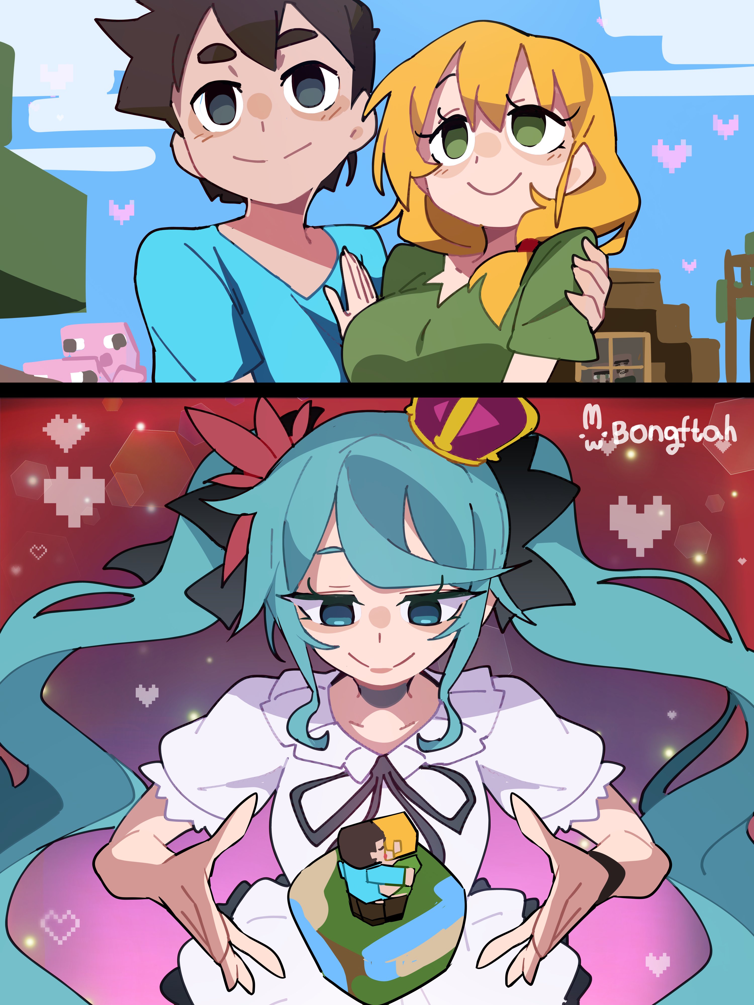 bongftah, alex (minecraft), hatsune miku, steve (minecraft), minecraft, vocaloid, absurdres, commentary, highres, symbol-only commentary, 1boy, 2girls, aqua hair, artist name, black eyes, blonde hair, blue shirt, blue sky, bow, brown hair, cloud, crown, day, dress, green eyes, green shirt, hair bow, heart, long hair, multiple girls, shirt, short hair, short sleeves, sky, smile, twintails, white dress