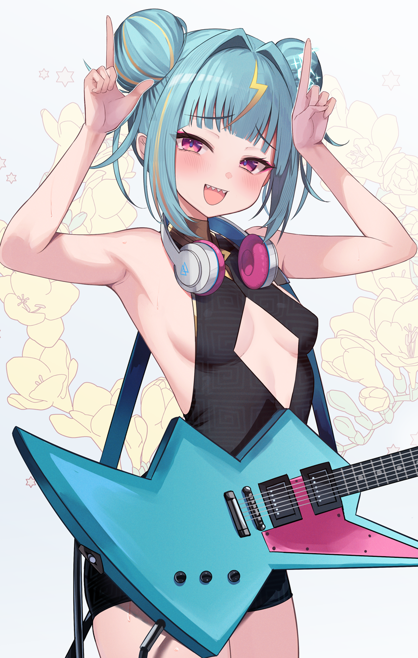 yoshiheihe, siden lime, varium, commentary request, commission, highres, pixiv commission, 1girl, :d, arms up, bare arms, bare shoulders, black dress, blonde hair, blue hair, blush, breasts, cleavage cutout, clothing cutout, double bun, dress, electric guitar, grey background, guitar, hair bun, hair intakes, headphones, headphones around neck, horns pose, instrument, looking at viewer, multicolored hair, open mouth, purple eyes, sharp teeth, simple background, sleeveless, sleeveless dress, small breasts, smile, solo, streaked hair, teeth, virtual youtuber