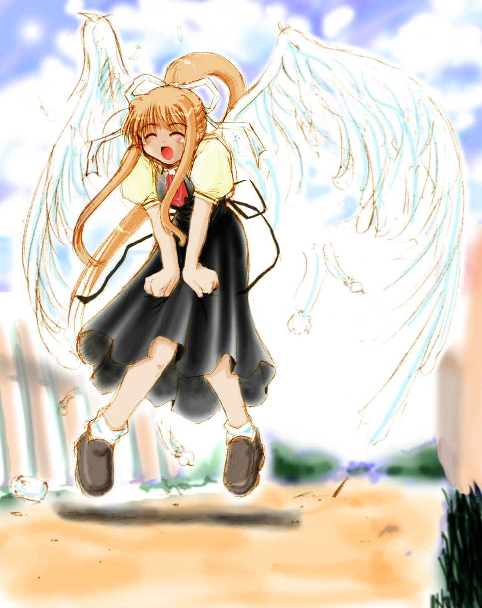 kamio misuzu, air (visual novel), highres, 00s, 1girl, ^ ^, blonde hair, closed eyes, female focus, hair ribbon, long hair, ponytail, ribbon, school uniform, solo, wings
