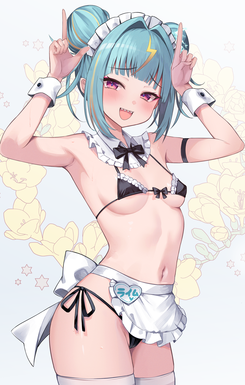 yoshiheihe, siden lime, varium, commission, highres, pixiv commission, 1girl, :d, apron, arms up, bare shoulders, bikini, black bikini, black bow, blonde hair, blue hair, blush, bow, breasts, double bun, frilled apron, frilled bikini, frills, grey background, hair bun, hair intakes, horns pose, looking at viewer, maid, maid bikini, maid headdress, multicolored hair, navel, open mouth, purple eyes, sharp teeth, side-tie bikini bottom, simple background, small breasts, smile, solo, streaked hair, swimsuit, teeth, unconventional maid, virtual youtuber, waist apron, white apron, wrist cuffs