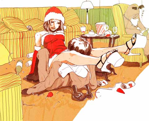 ryuko azuma, platform footwear, striped, commentary, lowres, traditional media, 1boy, 1girl, black nails, christmas, cosplay, couple, cowgirl position, cup, dress, drinking glass, feet, fur-trimmed headwear, fur trim, girl on top, hetero, high heel sandals, high heels, kigurumi, nail polish, open shoes, sandals, santa costume, santa dress, sex, shoes, sketch, straddling, toes, upright straddle, wine glass