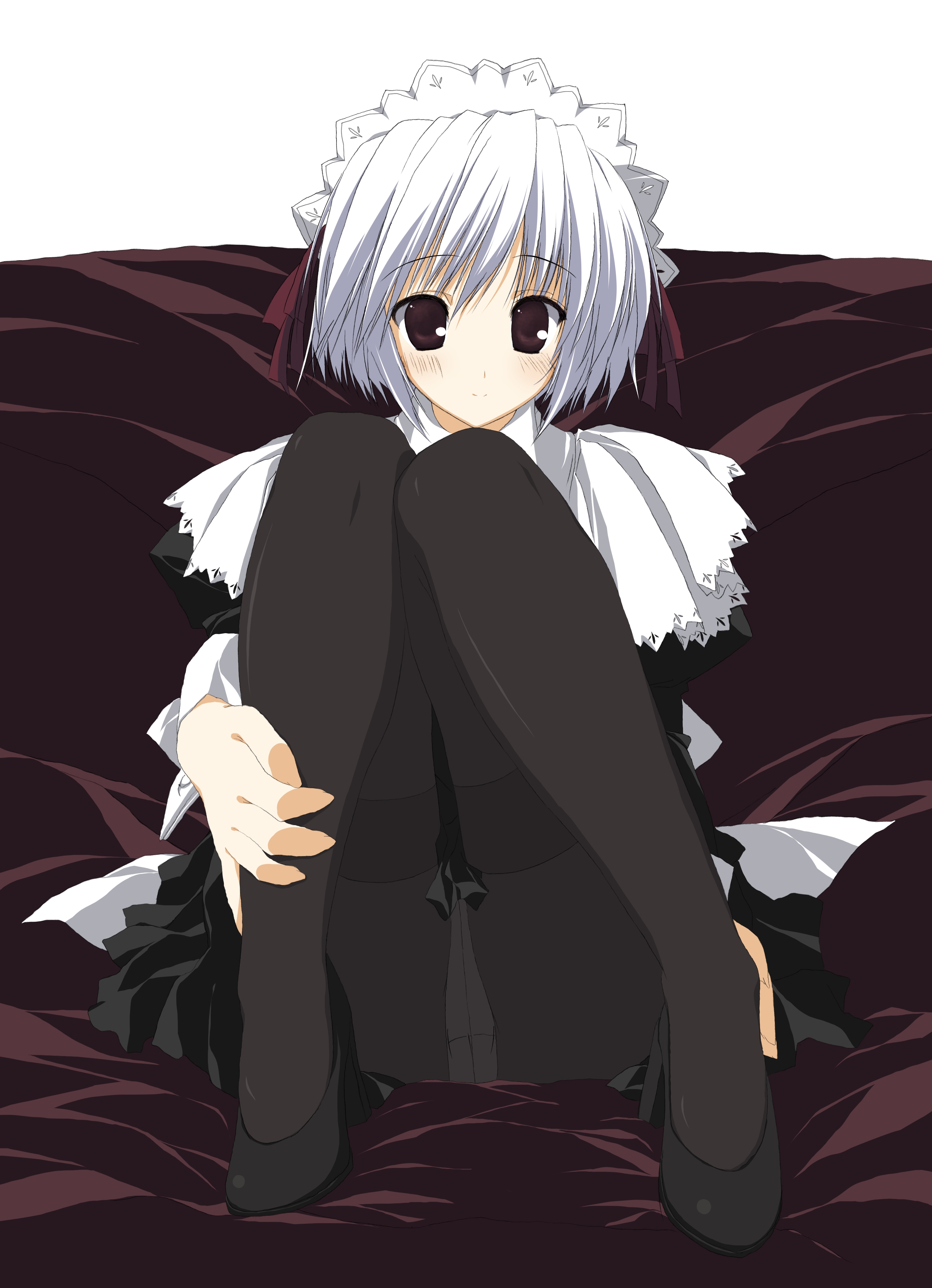 suzuri (tennenseki), kotonomiya yuki, suigetsu, absurdres, highres, 1girl, bed, brown eyes, crotch seam, female focus, maid, panties, panties under pantyhose, pantyhose, pantyshot, sitting, solo, spread legs, thighband pantyhose, underwear, upskirt, white hair