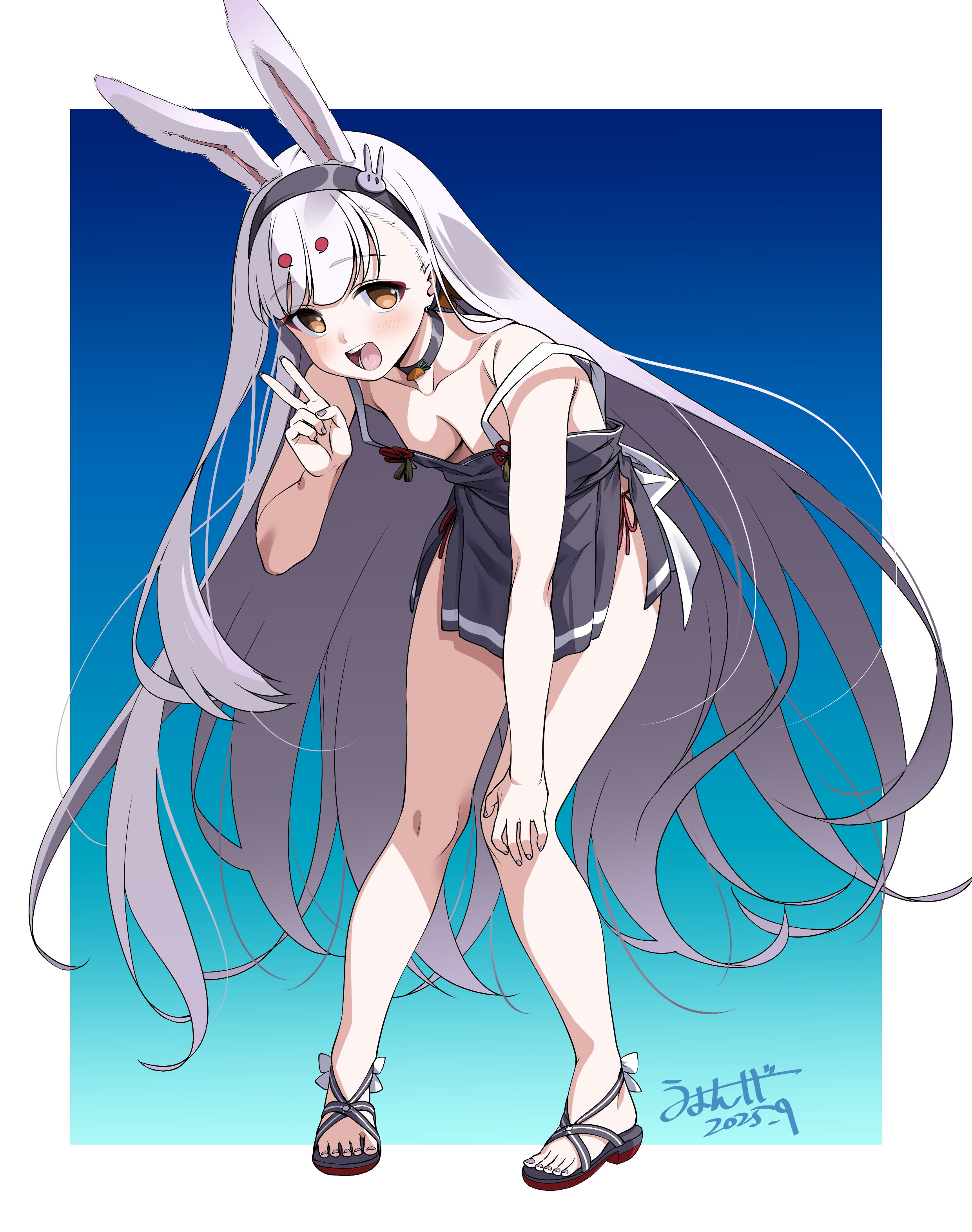 umyonge (lkakeu), shimakaze (azur lane), azur lane, absurdres, highres, 1girl, animal ears, black dress, breasts, brown eyes, downblouse, dress, feet, hairband, hand on own knee, leaning forward, legs, long hair, looking at viewer, open mouth, rabbit ears, rabbit girl, sandals, short dress, small breasts, smile, solo, strap slip, thighs, toes, v, very long hair, white hair