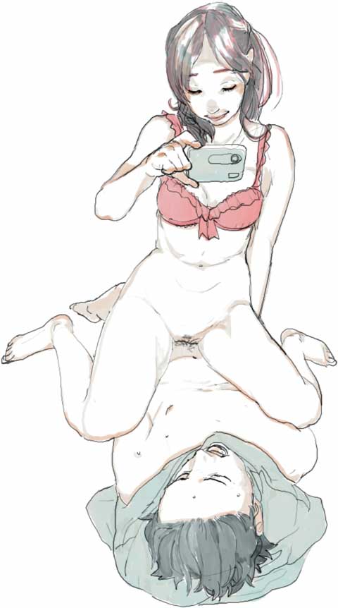 ryuko azuma, commentary, photo (medium), traditional media, 1boy, 1girl, barefoot, black hair, bottomless, bra, camera, couple, cowgirl position, girl on top, hetero, lingerie, no panties, nude, phone, sex, sketch, smile, straddling, taking picture, uncensored, underwear