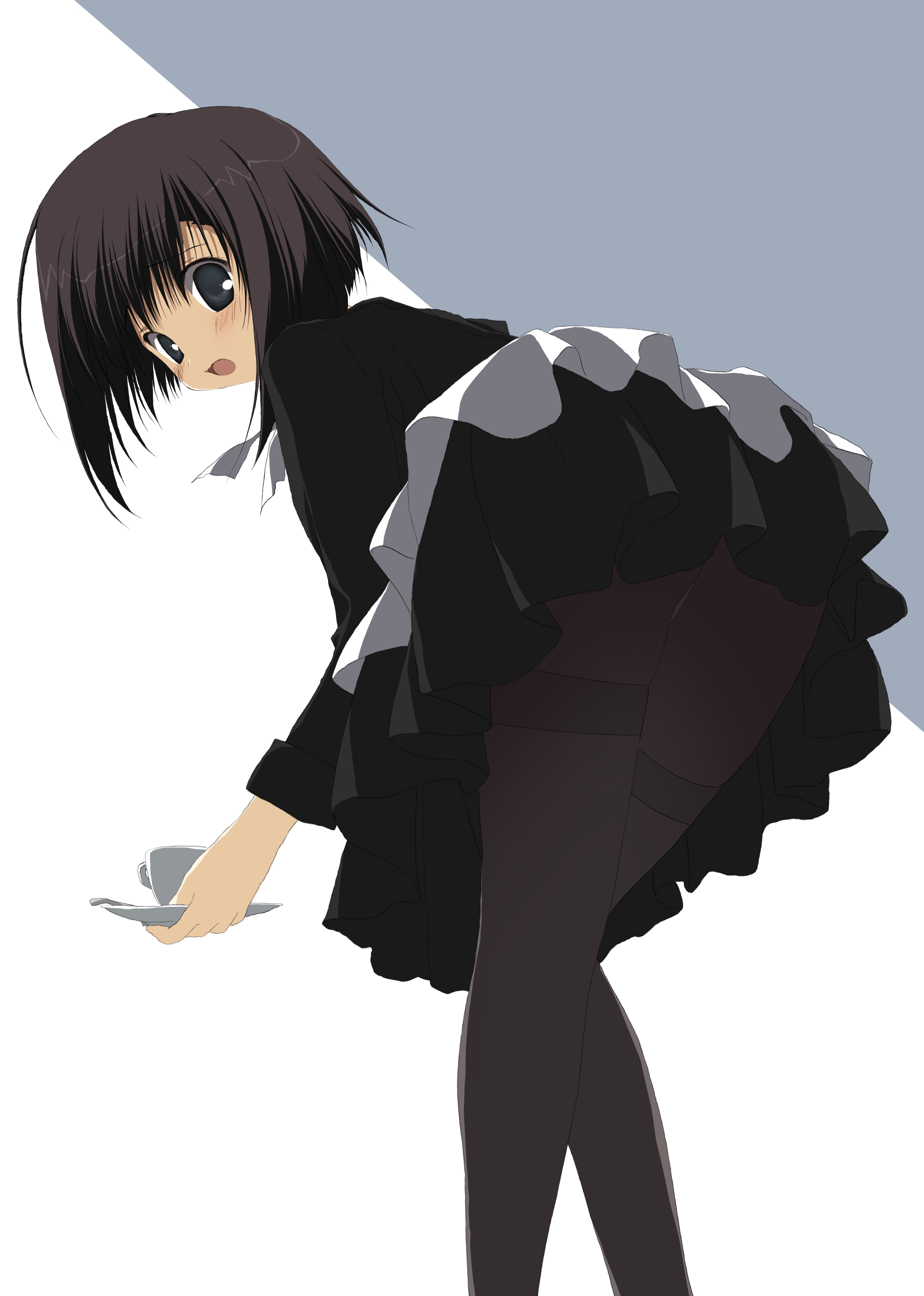 mitsumi misato, absurdres, highres, 1girl, ass, bent over, black hair, black pantyhose, cup, female focus, legs, maid, panties, panties under pantyhose, pantyhose, pantyshot, short hair, solo, surprised, teacup, thighband pantyhose, underwear, upskirt, waitress