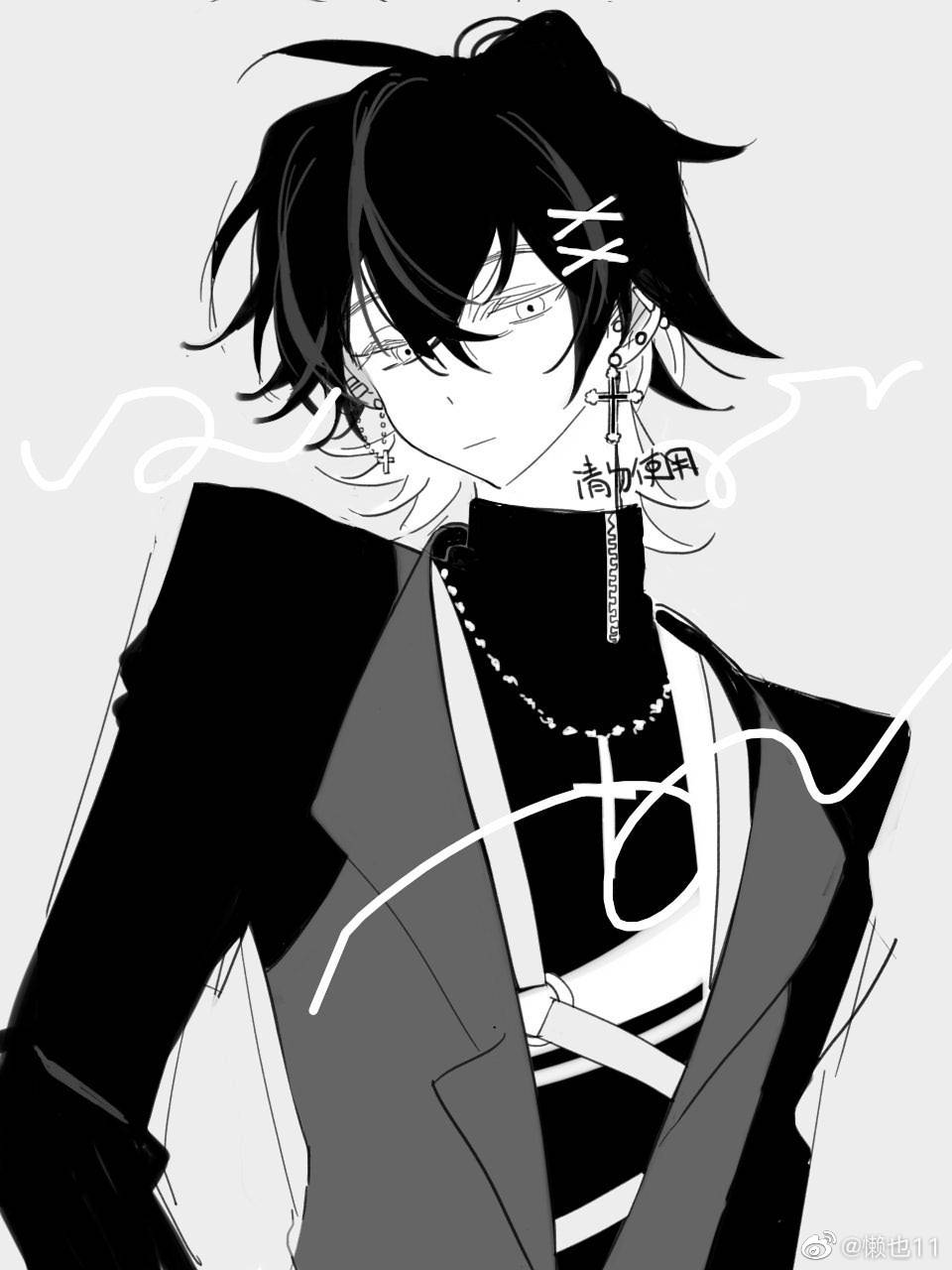 original, highres, 1boy, ahoge, black hair, cross, cross earrings, earrings, grey background, greyscale, hair between eyes, hair ornament, jewelry, lanye11, male focus, monochrome, necklace, short hair, simple background, sketch, solo, turtleneck, twitter username, upper body, vest, watermark, x hair ornament
