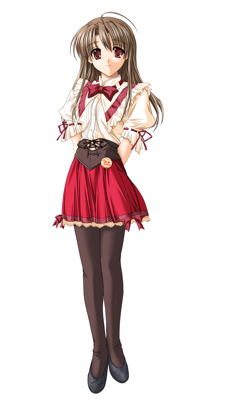 takai sayaka, pia carrot (series), pia carrot e youkoso!!, pia carrot e youkoso!! 3, highres, 1990s (style), ahoge, bow, brown hair, long hair, pantyhose, red eyes, retro artstyle, ribbon, simple background, solo, waitress, white background