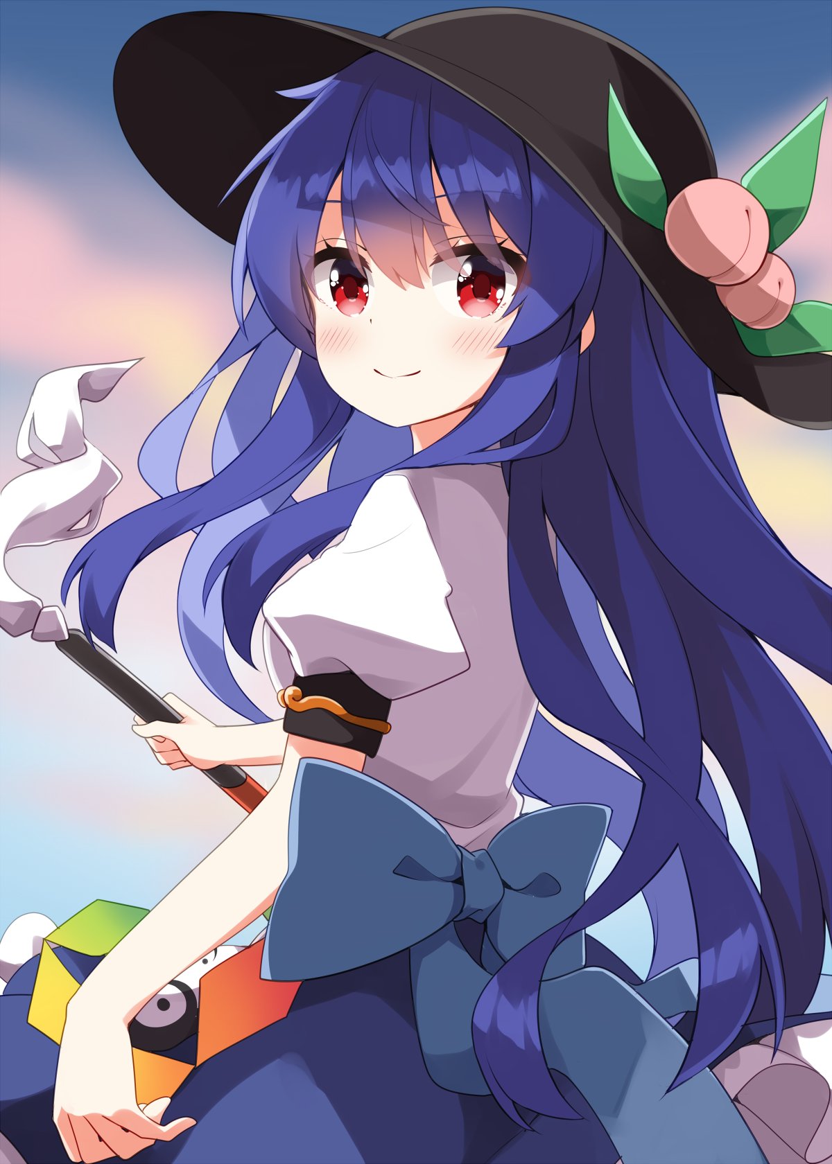 ruu (tksymkw), hinanawi tenshi, touhou, commentary, highres, 1girl, apron, back bow, black hat, blue bow, blue hair, blue skirt, blurry, blurry background, blush, bow, closed mouth, cowboy shot, hat, holding, holding sword, holding weapon, long hair, looking at viewer, peach hat ornament, red eyes, shirt, short sleeves, skirt, smile, solo, sword, waist apron, weapon, white apron, white shirt
