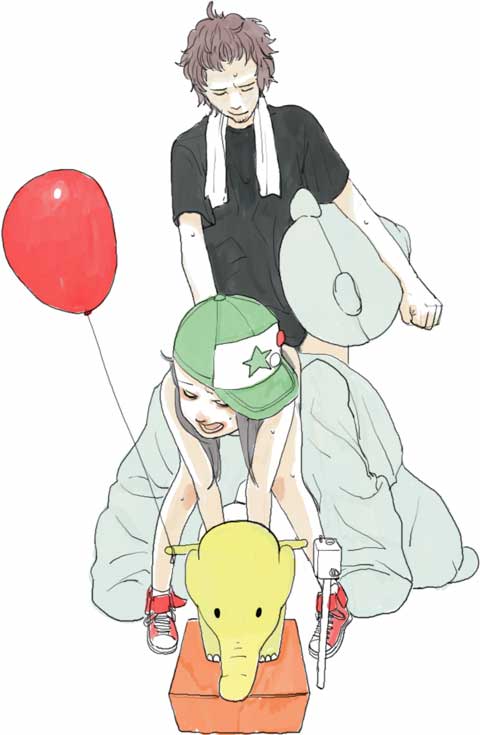 ryuko azuma, commentary, copyright request, 1boy, 1girl, balloon, bottomless, cosplay, elephant, flat chest, hetero, kigurumi, loli, sex, shijuuhatte, sketch