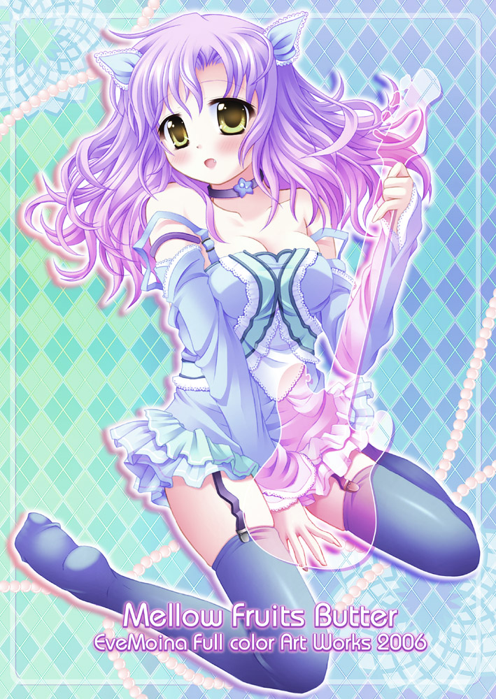 evemoina, bass guitar, choker, detached sleeves, gradient hair, guitar, instrument, multicolored hair, solo, suspenders, thighhighs, yellow eyes