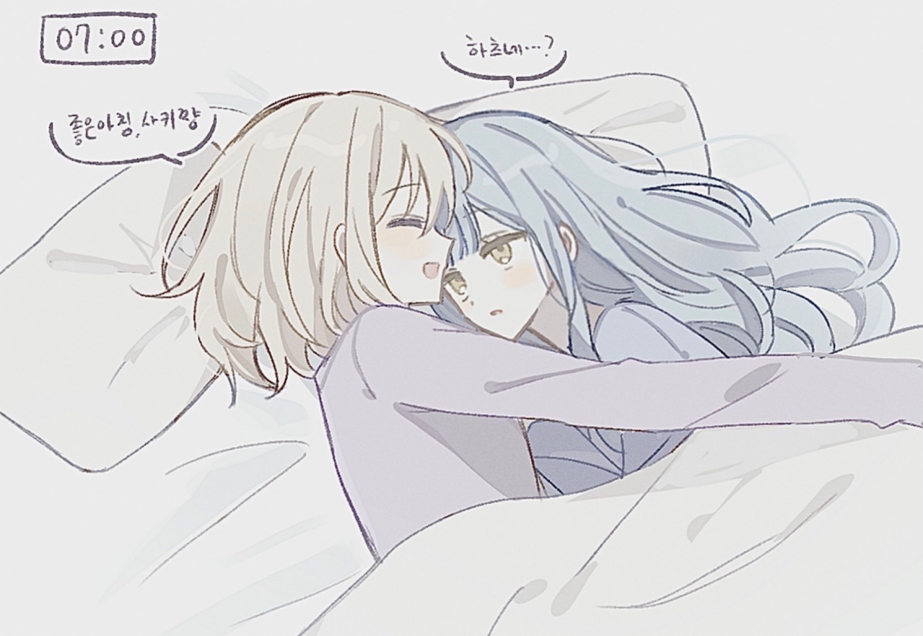 uis410, misumi uika, togawa sakiko, bang dream!, bang dream! it's mygo!!!!!, commentary, highres, translation request, 2girls, blonde hair, blue hair, korean text, long hair, medium hair, multiple girls, sidelocks, under covers, yellow eyes, yuri