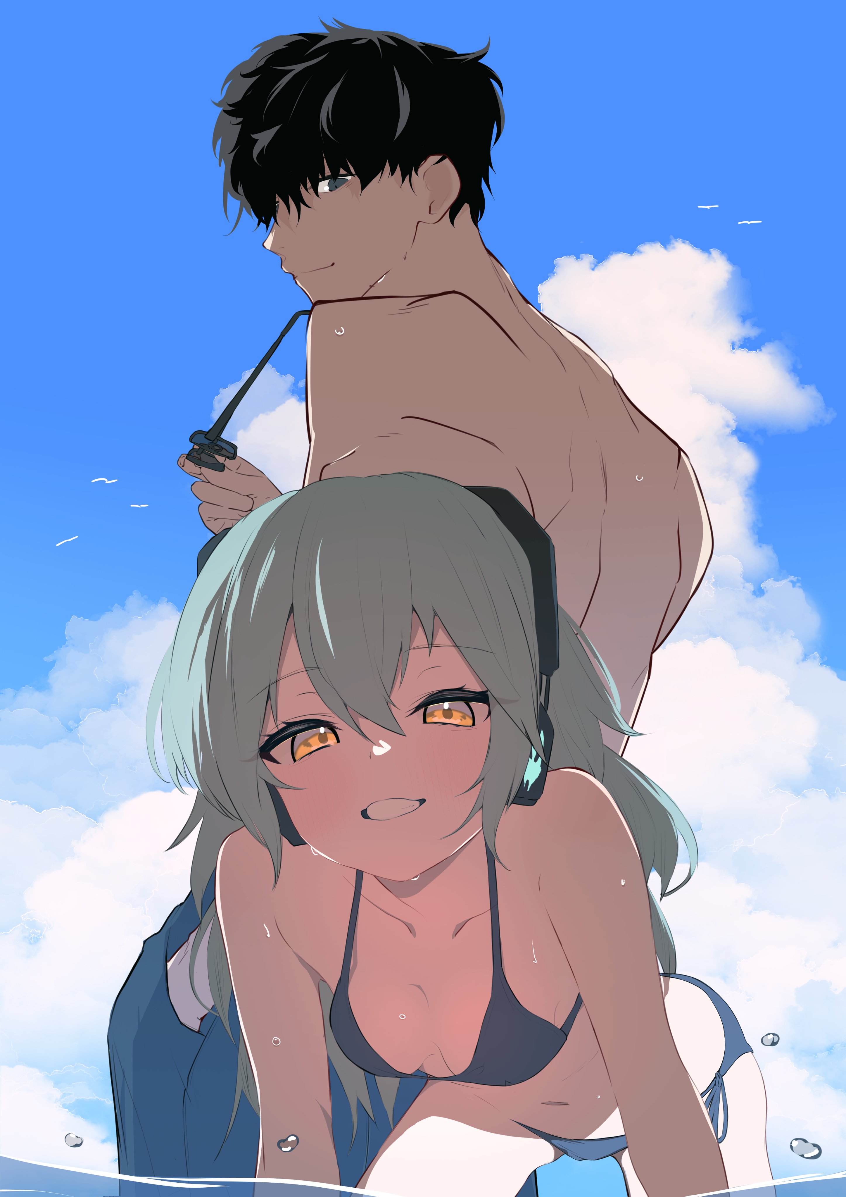 ryunosuke nikaido, antonina (neural cloud), male professor (neural cloud), professor (neural cloud), girls' frontline, girls' frontline neural cloud, absurdres, commentary, highres, symbol-only commentary, 1boy, 1girl, bent over, bikini, black bikini, black hair, blue eyes, blue shorts, blue sky, breasts, clenched teeth, closed mouth, cloud, cloudy sky, collarbone, headphones, long hair, looking at viewer, medium breasts, partially submerged, short hair, shorts, simple bird, sky, smile, swimsuit, teeth, yellow eyes